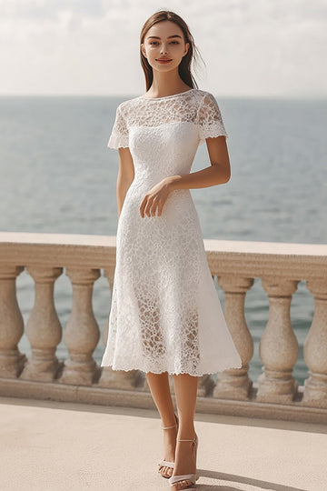 Ivory Lace A Line Scoop Midi Engagement Dress with Short Sleeves